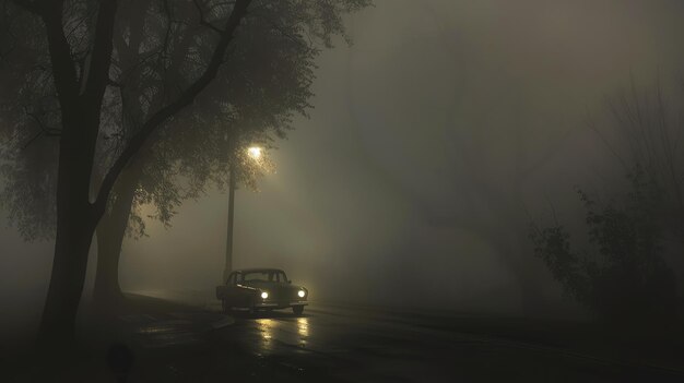 Foto a imagem é uma tomada longa de um carro dirigindo por uma estrada arborizada em uma noite nebulosa a única luz vem dos faróis dos carros e de uma lâmpada de rua