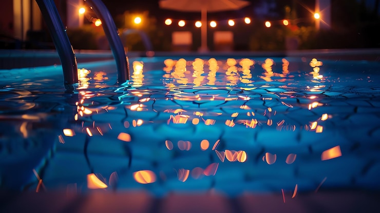 Foto a imagem é uma vista noturna de uma piscina com um fundo desfocado de luzes de cordas. a água é de cor azul escuro e a superfície é ondulada.