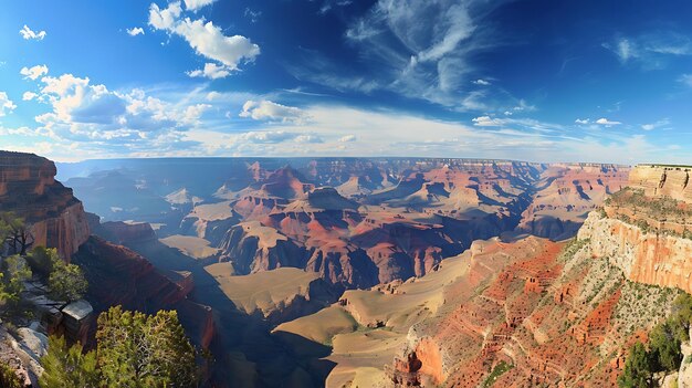 Foto a imagem é uma vista panorâmica do grand canyon. é uma paisagem vasta e acidentada com penhascos íngremes, colinas altas e um rio sinuoso.
