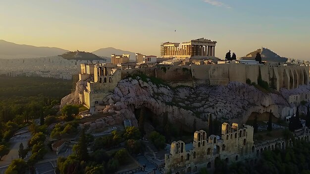 A imagem mostra a Acrópole de Atenas, na Grécia. A Acrópole é uma antiga cidadela localizada em uma colina rochosa no centro de Atenas.