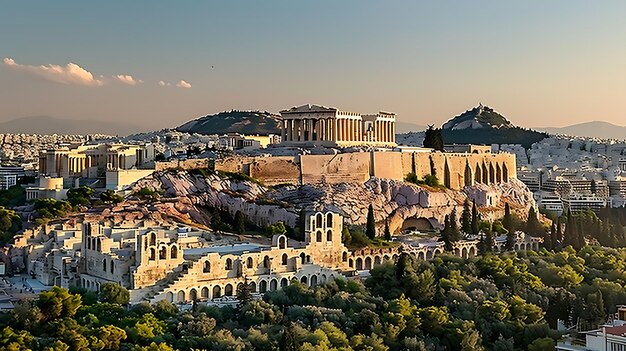 A imagem mostra as antigas ruínas da Acrópole em Atenas, Grécia