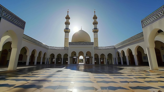 A imagem mostra um belo pátio de uma mesquita com dois minaretes ao fundo