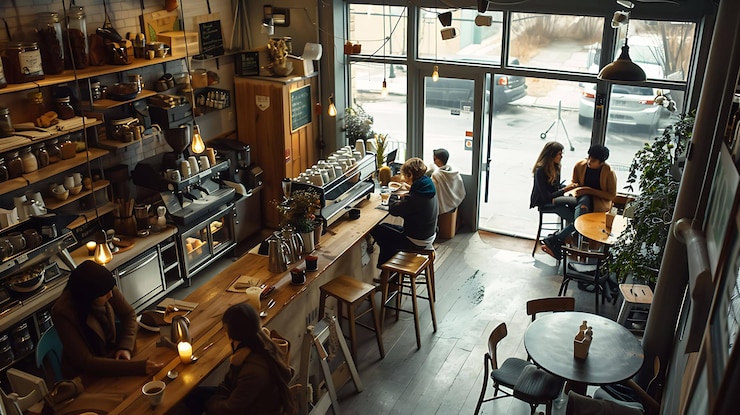 Foto a imagem mostra um café aconchegante com uma atmosfera calorosa e convidativa há várias pessoas sentadas em mesas desfrutando de café e conversa