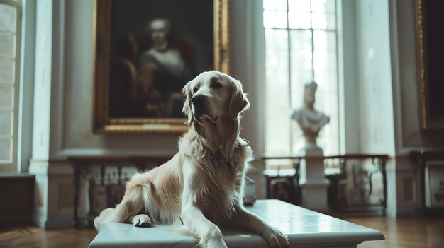 A imagem mostra um cão golden retriever deitado em uma mesa branca em uma galeria de arte