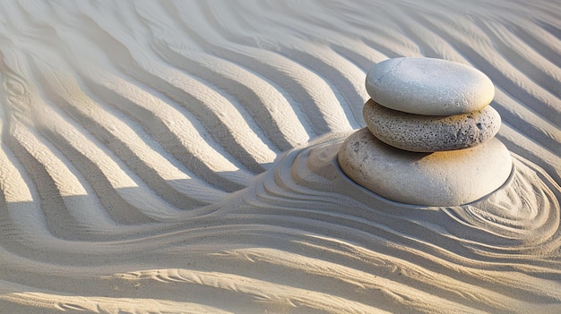 Foto a imagem mostra um close de um jardim zen com uma pilha de três pedras e areia