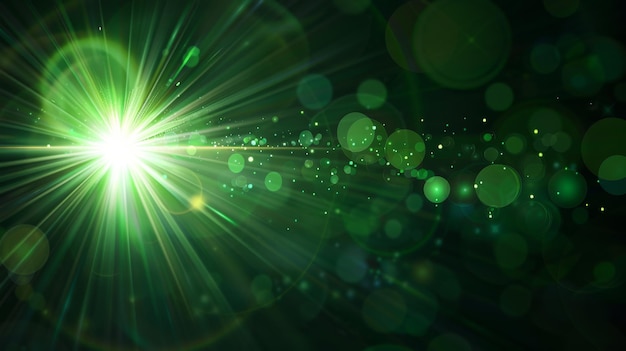 A imagem mostra um efeito de luz bokeh causado por um efeito de flare de lente verde da radiação cósmica. A ilustração é isolada em um fundo preto com um efeito de iluminação bokeh