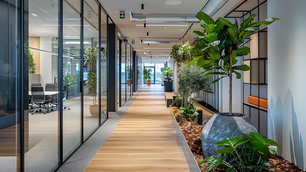 A imagem mostra um escritório moderno com um longo corredor O corredor é decorado com plantas e tem um chão de madeira