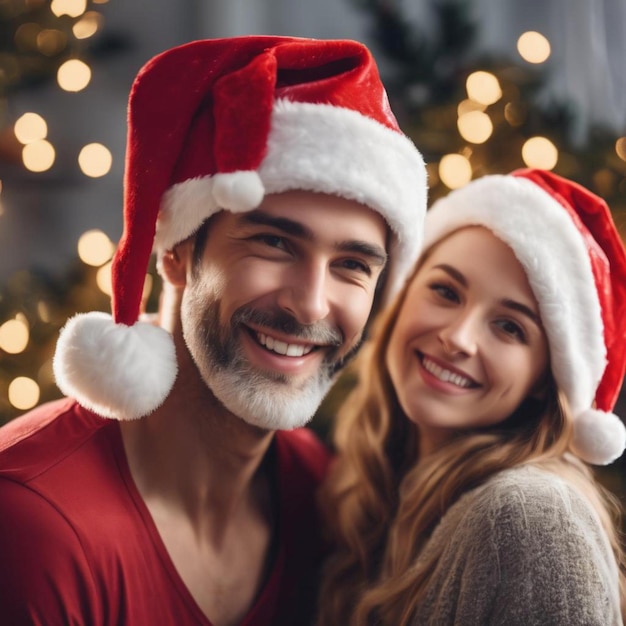 A imagem mostra um homem e uma mulher alegres usando chapéus de Papai Noel