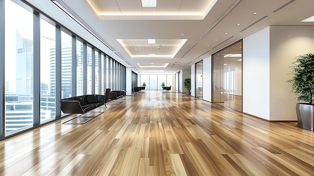 A imagem mostra um interior de escritório moderno com um grande espaço aberto, pisos de madeira e janelas de piso e teto