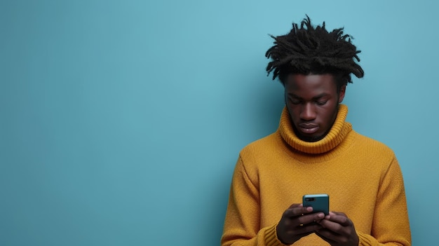 A imagem mostra um jovem afro-americano bonito usando um telefone celular e de pé na frente de uma tela vazia sobre um fundo de estúdio azul. O modelo pode ser para um site ou aplicativo com um anúncio