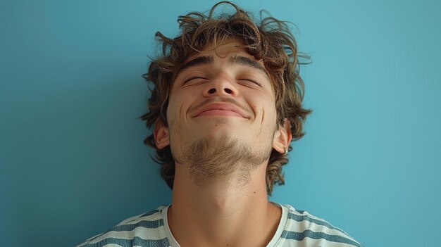 A imagem mostra um jovem isolado feliz vestindo uma camisa listrada e roupas casuais mantendo os dedos cruzados fazendo um desejo com os olhos fechados esperando por algum momento especial isolado em um