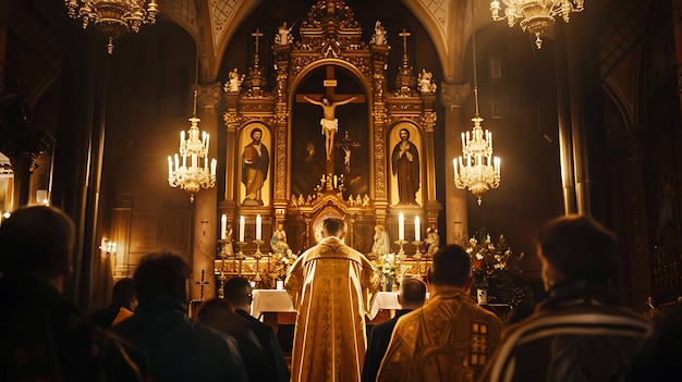 A imagem mostra um padre de pé em frente a um altar em uma igreja