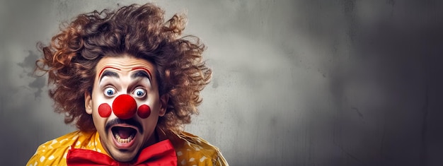 A imagem mostra um palhaço com uma expressão de surpresa exagerada cabelo encaracolado um nariz vermelho e