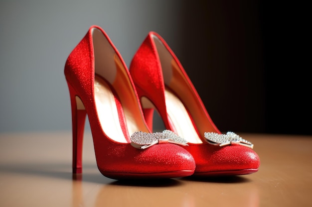 A imagem mostra um par de sapatos de salto vermelho enfatizando seu belo design e estilo