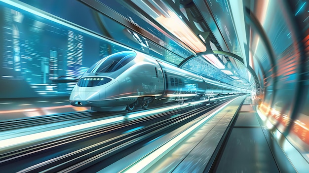 A imagem mostra um trem futurista viajando a alta velocidade através de um túnel. O trem é elegante e branco e o túnel é escuro e misterioso.