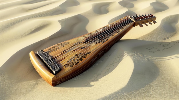 Foto a imagem mostra uma bela harpa deitada na areia a harpa é feita de madeira e tem esculturas intrincadas