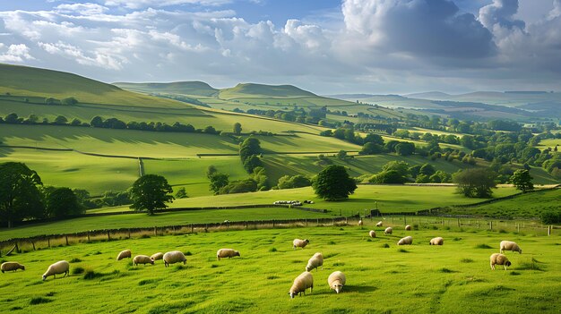 Foto a imagem mostra uma bela paisagem com colinas verdes e um céu azul há algumas ovelhas pastando em primeiro plano