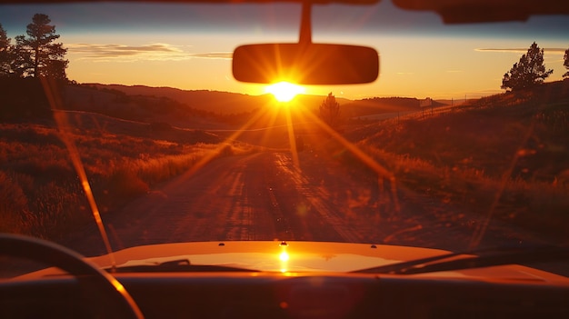 Foto a imagem mostra uma estrada de terra ao pôr-do-sol as cores quentes do céu e do sol criam uma atmosfera pacífica e serena