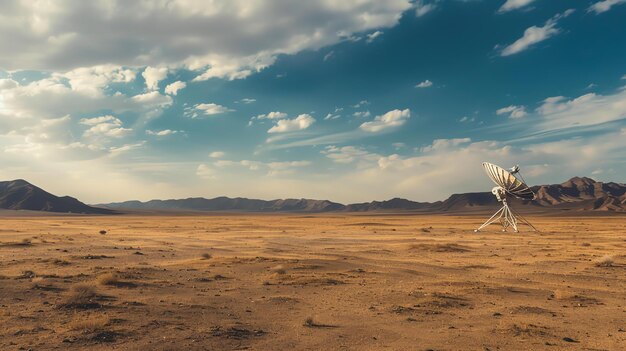 Foto a imagem mostra uma grande antena parabólica no meio de um vasto deserto o céu é azul e há algumas nuvens à distância