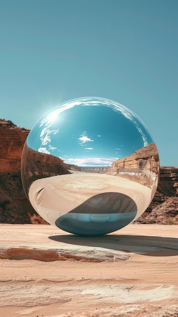 Foto a imagem mostra uma grande esfera brilhante sentada no meio de um vasto deserto