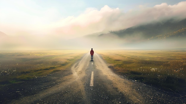 Foto a imagem mostra uma pessoa solitária caminhando por uma estrada rural há um belo pôr-do-sol no fundo a imagem é muito pacífica e serena