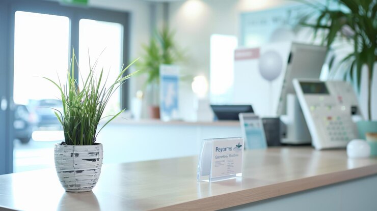 Foto a imagem mostra uma recepção de hotel moderna e limpa com uma planta nela