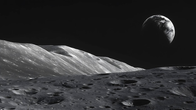 A imagem mostra uma vista da superfície da Lua com a Terra subindo no fundo