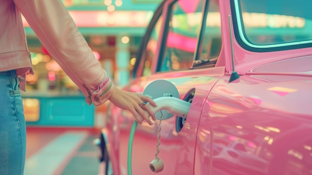 Foto a imagem pastel de uma pessoa segurando um carregador para carregar um veículo elétrico