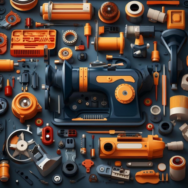 Foto a imagem que você forneceu retrata uma coleção de peças mecânicas, incluindo engrenagens, engrenagens e rodas.