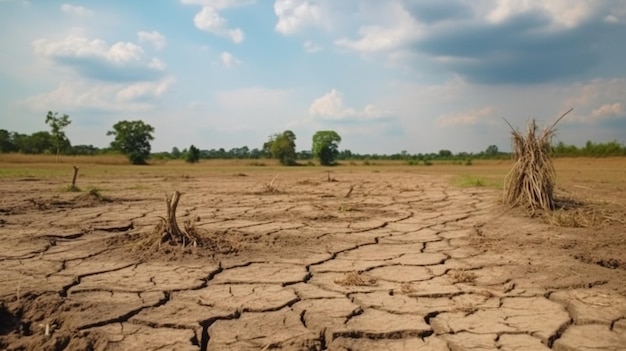 A imagem retrata os efeitos da seca, incluindo solo fraturado e falta de chuva sazonal devido a um resultado do aquecimento global noção de aquecimento global the generative ai