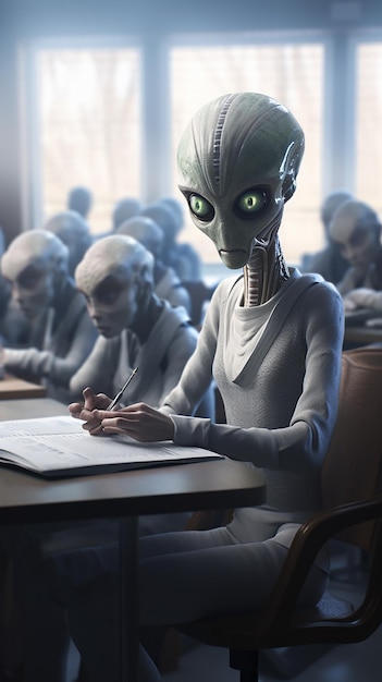 A imagem retrata um aluno alienígena tomando anotações enquanto um professor dá palestras em uma sala de aula