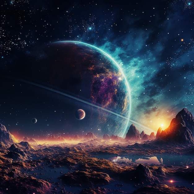 A imagem retrata um fundo abstrato com planetas e espaço