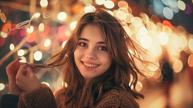 A imagem retrata uma jovem alegre ou uma adolescente segurando um fio de cabelo na frente de um