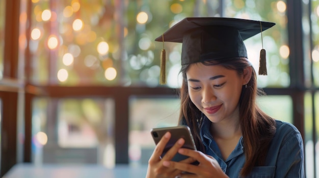 A imagem retrata uma mulher segurando um smartphone Ela segura um boné de graduação de ícone Um exemplo de tecnologia de educação moderna
