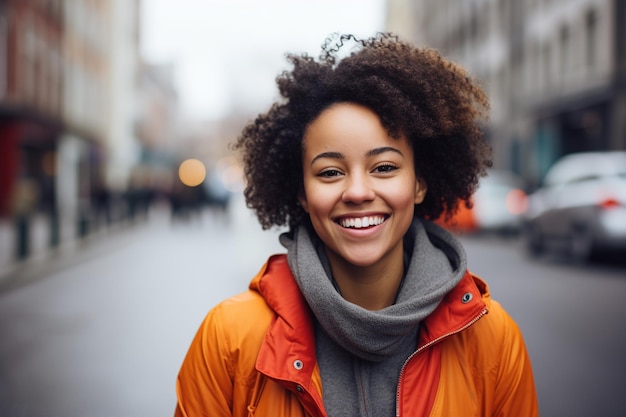 A imagem vibrante do close-up captura uma jovem mulher afro-americana feliz sorrindo brilhantemente em uma movimentada