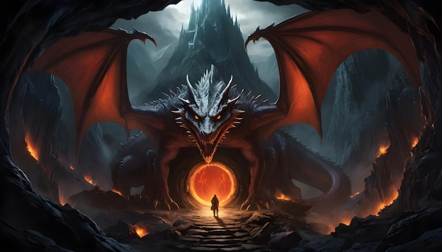 A imponente entrada para a covil dos dragões com o olho do dragão a brilhar sinistramente na escuridão.