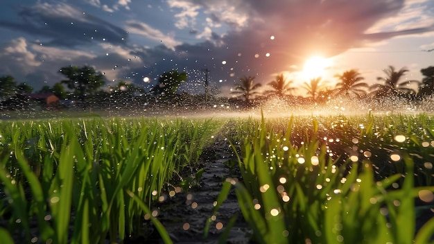 Foto a importância da tecnologia moderna de irrigação agrícola no crescimento das culturas foco no conceito de sprinklers agricultura moderna irrigação crescimento das culturas tecnologia de sprinkler beneficia a eficiência