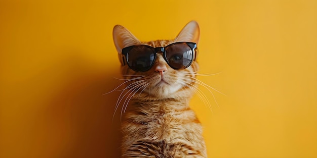 A influência dos visuais no branding e no marketing de mídia social Um gato usando óculos de sol em um fundo amarelo escuro Conceito de branding visuais Marketing de mídia social Óculos de sol de gato