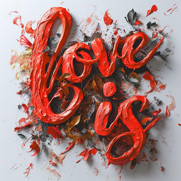 A inscrição amor é desenhada com tinta a óleo vermelha em uma superfície branca texturizada