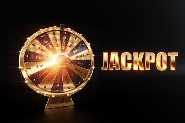 Foto a inscrição jackpot e roda da fortuna dourada em um fundo escuro conceito de cassino grande vitória sorte jogo pessoa sortuda ilustração 3d 3d render espaço de cópia