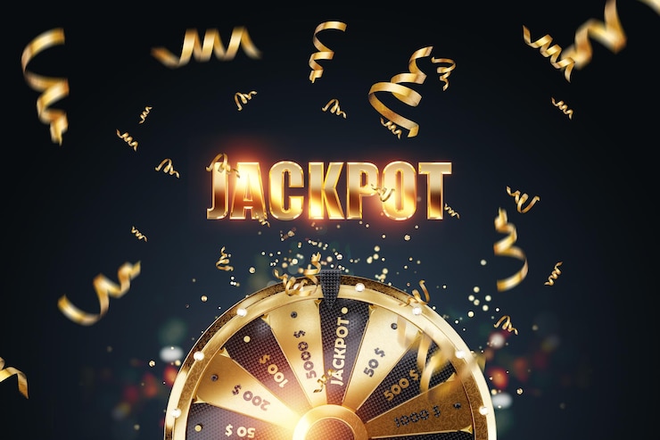 Foto a inscrição jackpot e roda da fortuna dourada em um fundo escuro confete dourado conceito de cassino grande vitória sorte estilo de revista de design moderno ilustração 3d 3d render espaço de cópia