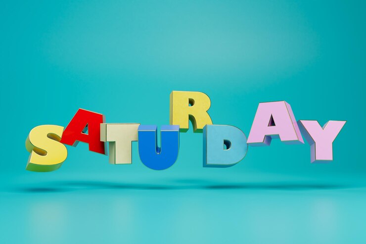 Foto a inscrição sábado consiste em grandes letras multicoloridas em uma renderização 3d de fundo turquesa