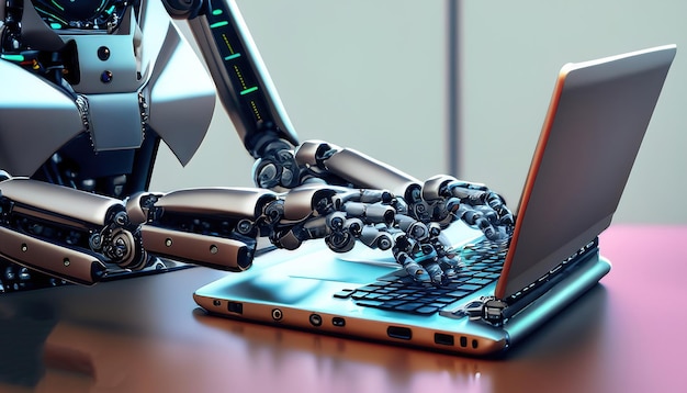 A inteligência artificial funciona O robô está digitando Simboliza as descobertas do progresso da tecnologia