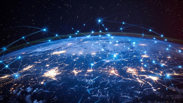 A internet se espalhando por todo o mundo a partir de satélites no céu alimentando