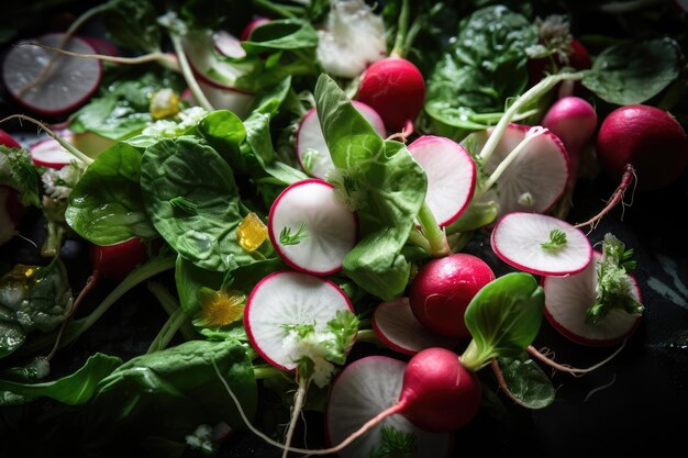 A intrincada textura de rabanete e verduras em salada