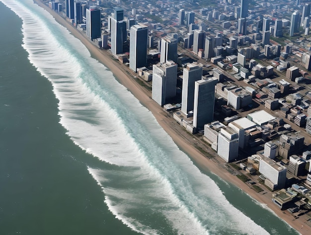 A inundação da onda do tsunami destrói a arte generativa da construção da cidade por IA