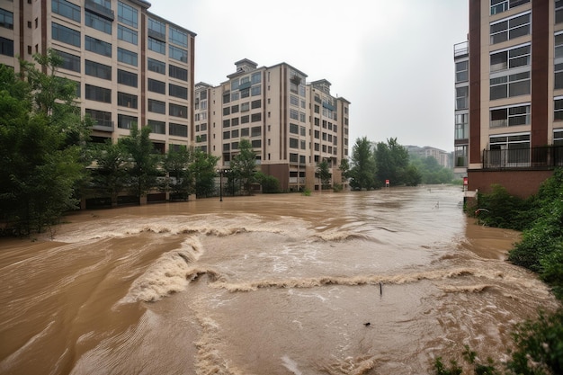 A inundação repentina faz com que um rio transborde de suas margens, inundando ruas e edifícios próximos