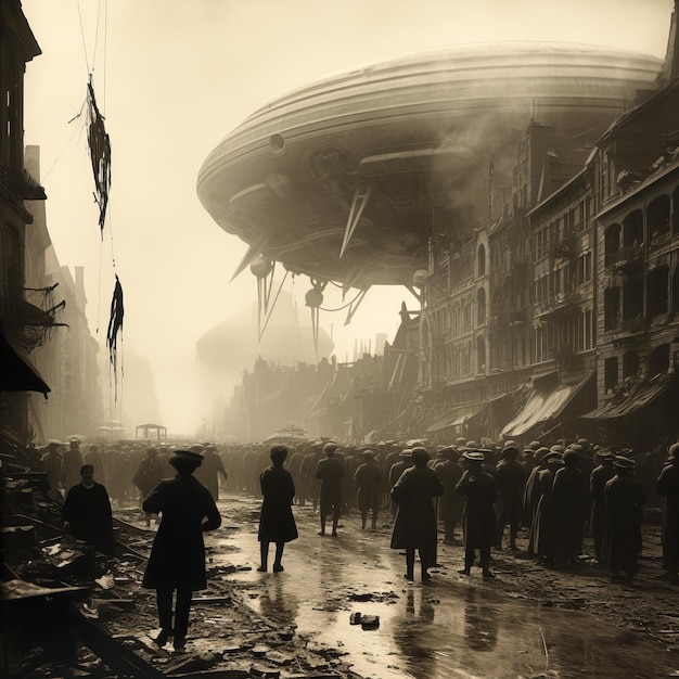 Foto a invasão do caos um vislumbre aterrorizante de uma cidade devastada por alienígenas em 1920