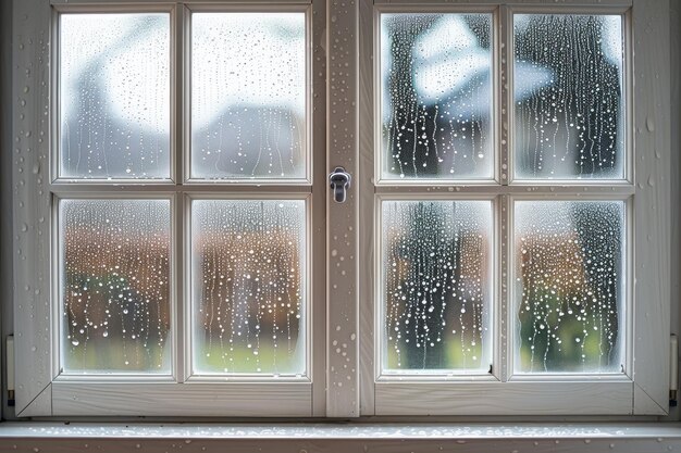 A janela está nebulosa e tem gotas de chuva nela.