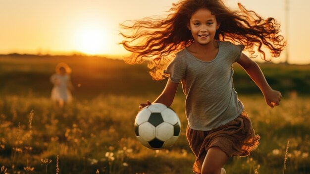 A jogadora de futebol chutando uma bola no campo